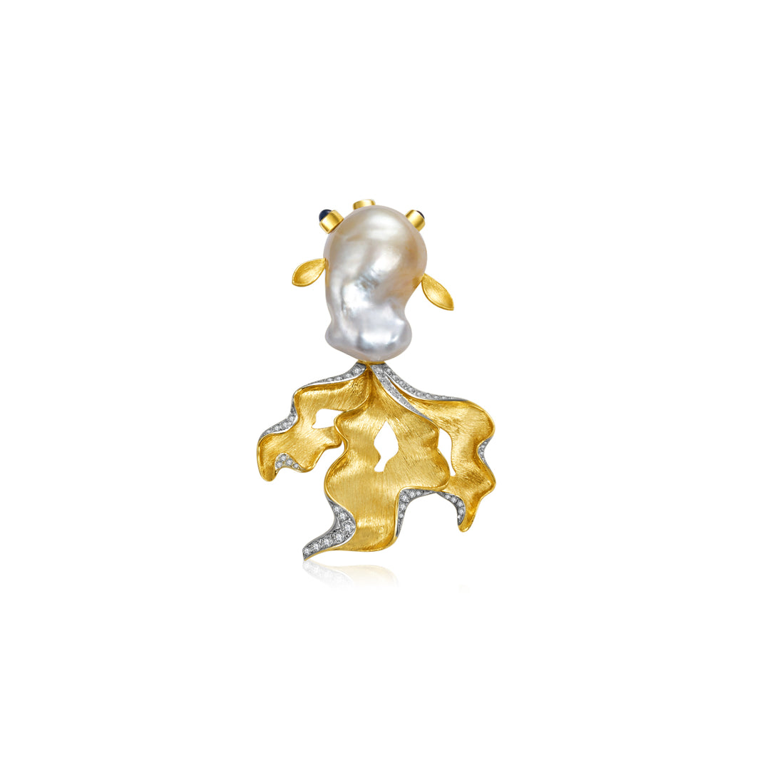 18k Solid Gold Diamond South Sea Baroque Pearl Brooch DR00034 - PEARLY LUSTRE
