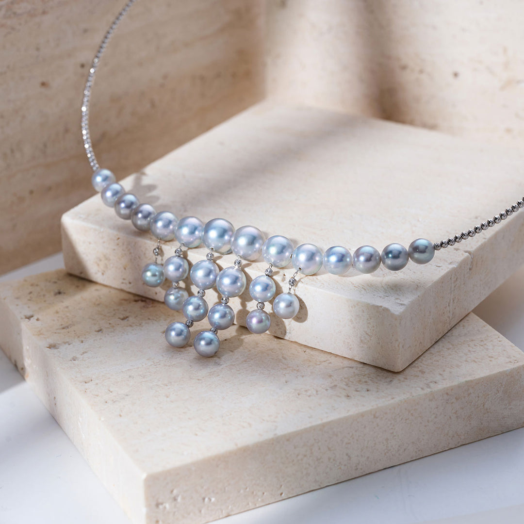 18K Solid Gold Silver Blue Akoya Pearl Necklace KN00368