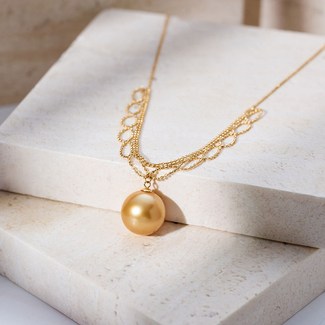 18K Solid Gold South Sea Golden Pearl Necklace KN00366