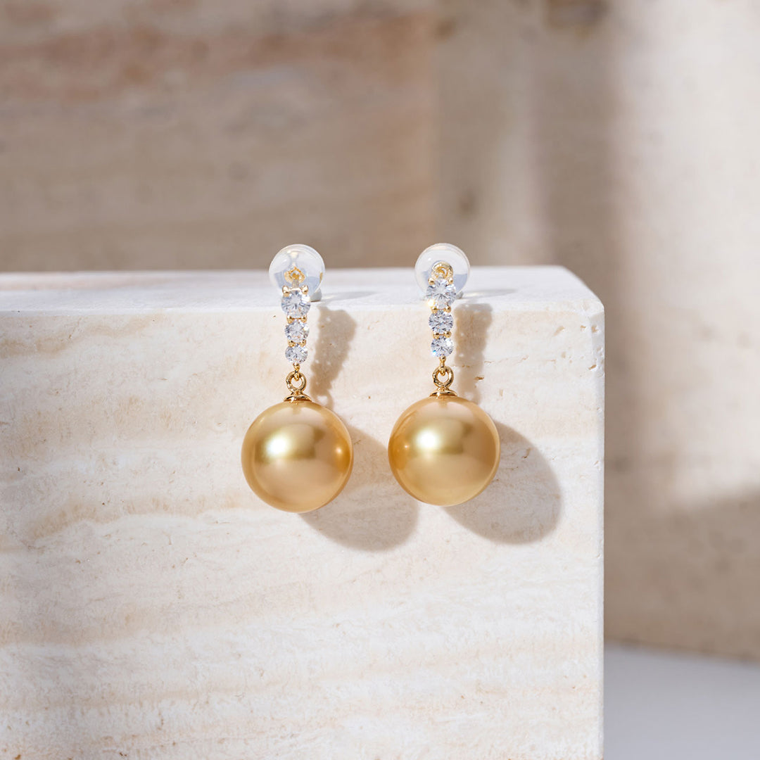 18K Solid Gold South Sea Golden Pearl Stud Earrings KE00292