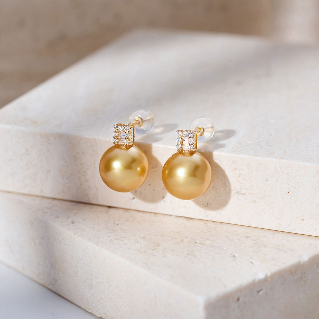 18K Solid Gold South Sea Golden Pearl Stud Earrings KE00293