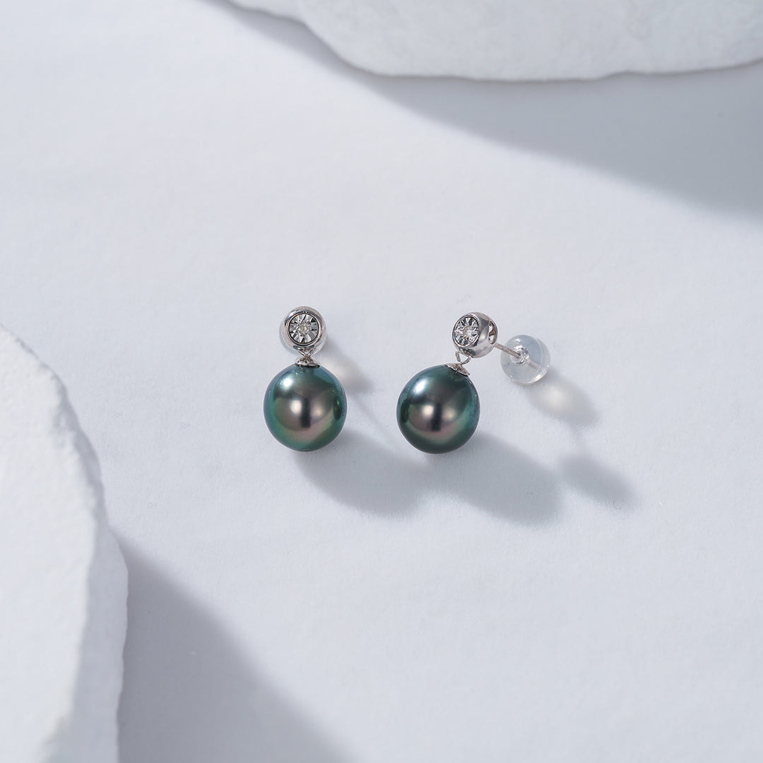 18K Solid Gold Diamond Tahitian Pearl Earrings KE00093 - PEARLY LUSTRE