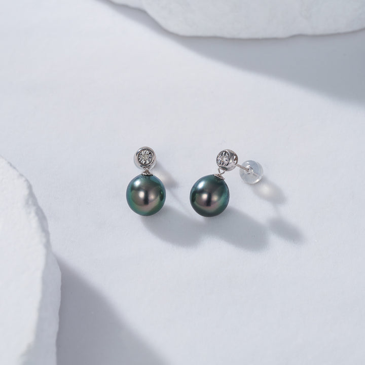 18K Solid Gold Diamond Tahitian Pearl Earrings KE00093 - PEARLY LUSTRE