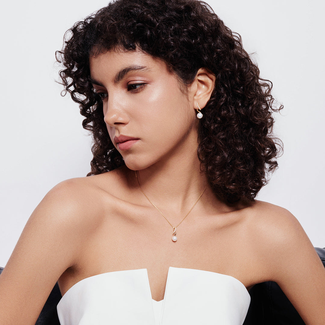 18K Solid Gold Diamond Hanadama Akoya Pearl Necklace KN00135 | S Collection - PEARLY LUSTRE