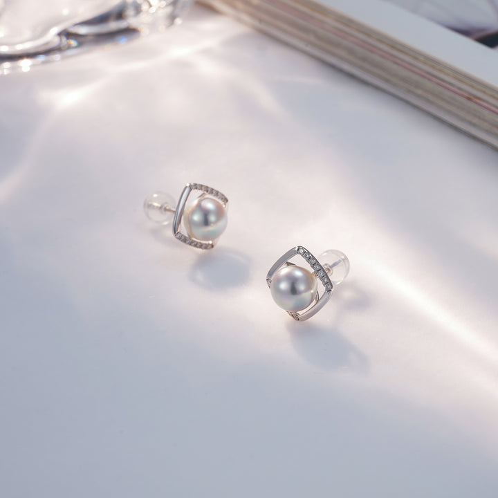 18K Gold Diamond Silver Blue Akoya Pearl Earrings KE00126 - PEARLY LUSTRE