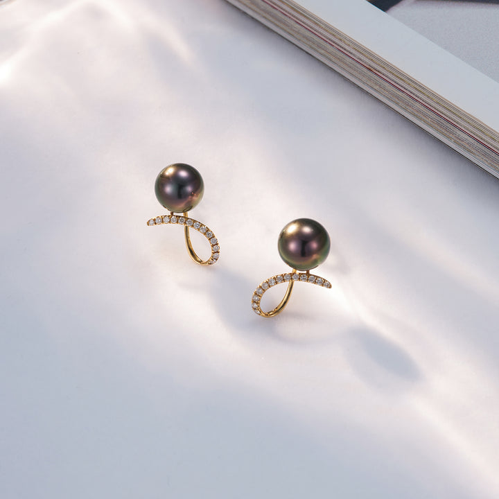 18K Gold Diamond Tahitian Pearl Earrings KE00133 - PEARLY LUSTRE