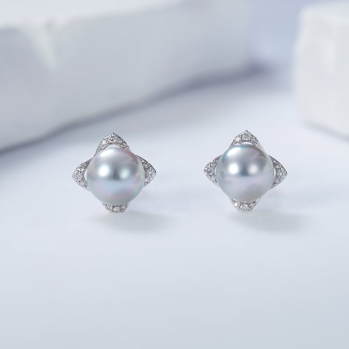 Top Grade 18K Gold Diamond Silver Blue Akoya Pearl Earrings KE00151 - PEARLY LUSTRE