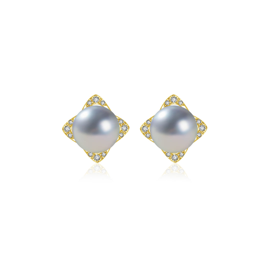 Top Grade 18K Gold Diamond Silver Blue Akoya Pearl Earrings KE00152 - PEARLY LUSTRE