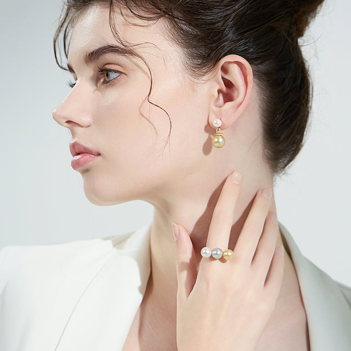 18K Solid Gold South Sea Golden and Akoya White Pearl Earrings KE00155 - PEARLY LUSTRE
