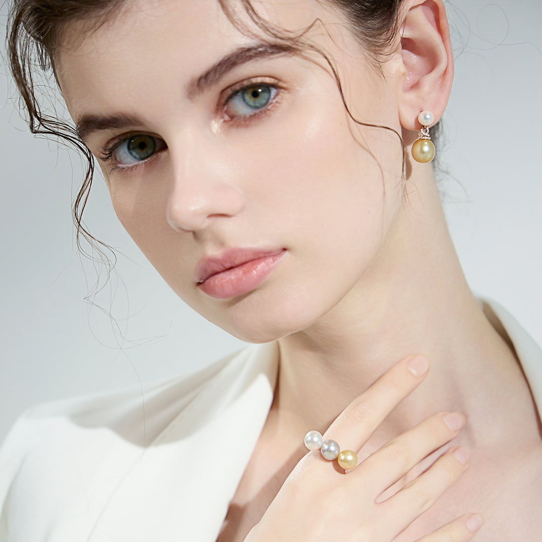 18K Solid Gold South Sea Golden and Akoya White Pearl Earrings KE00155 - PEARLY LUSTRE