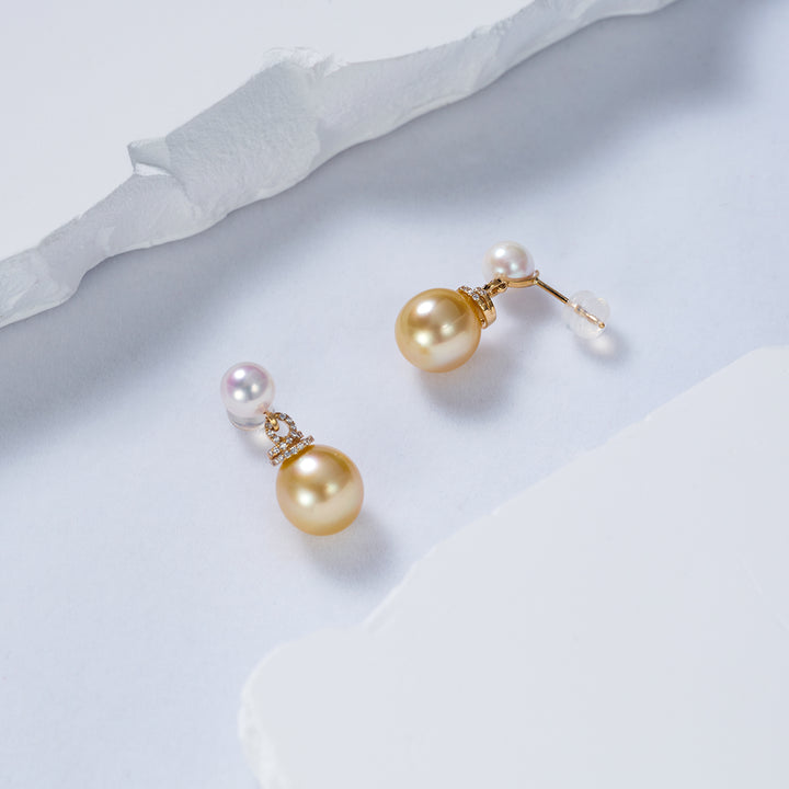 18K Solid Gold South Sea Golden and Akoya White Pearl Earrings KE00155 - PEARLY LUSTRE