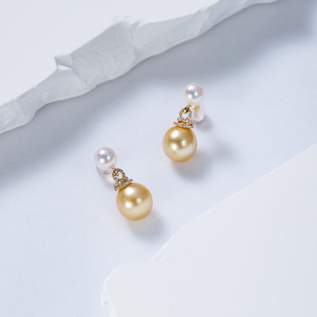 18K Solid Gold South Sea Golden and Akoya White Pearl Earrings KE00155 - PEARLY LUSTRE