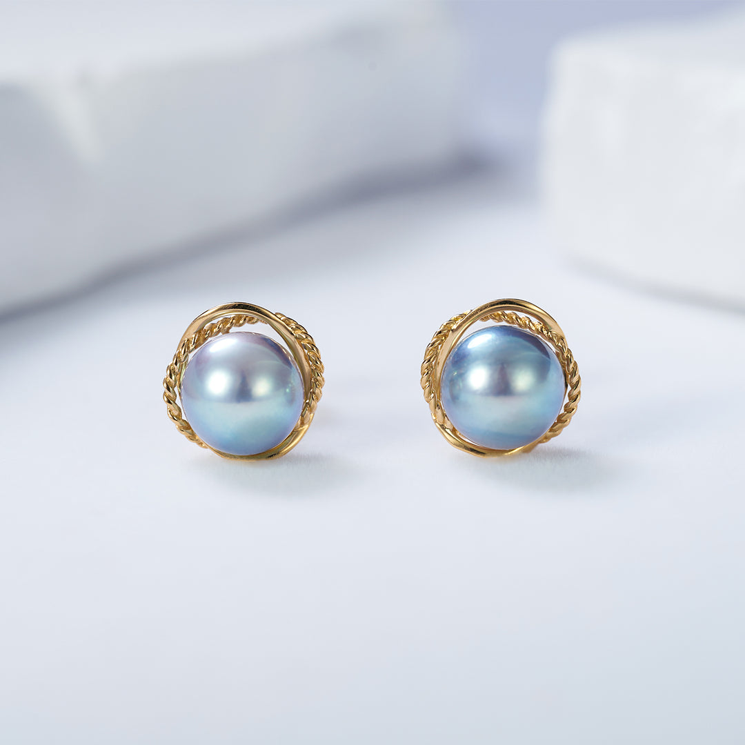 Top Grade 18K Gold Silver Blue Akoya Pearl Earrings KE00159 - PEARLY LUSTRE