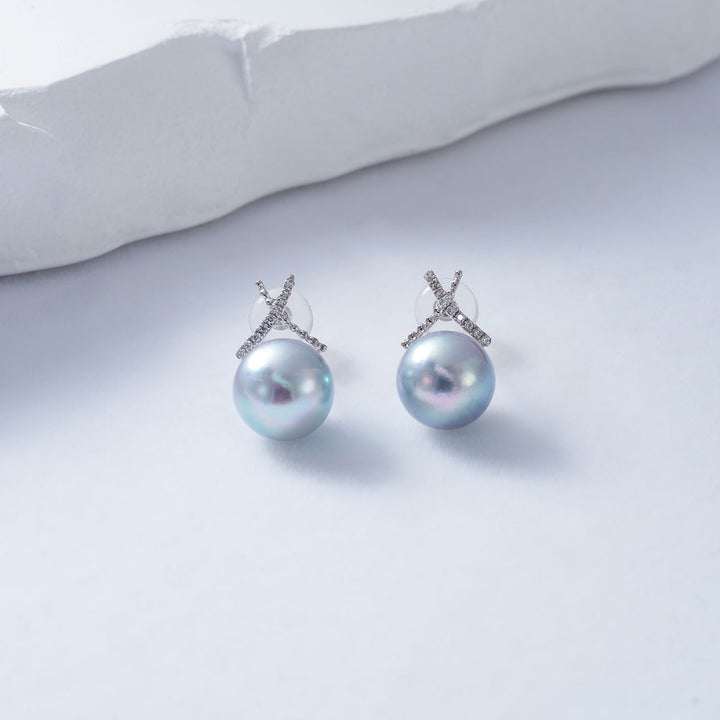 Top Lustre 18K Gold Silver Blue Akoya Pearl Earrings KE00173 - PEARLY LUSTRE