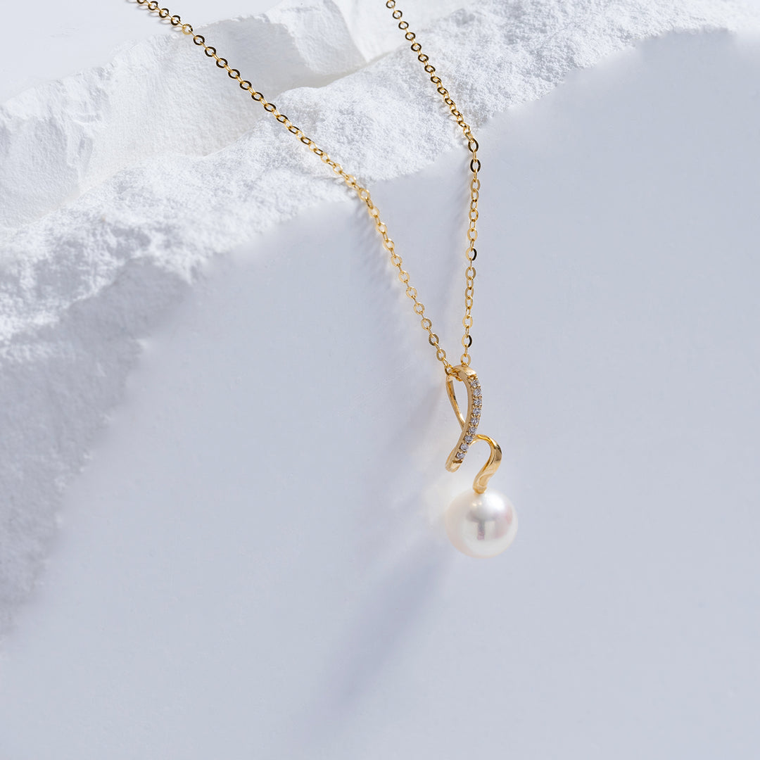 18K Solid Gold Diamond Hanadama Akoya Pearl Necklace KN00135 | S Collection - PEARLY LUSTRE