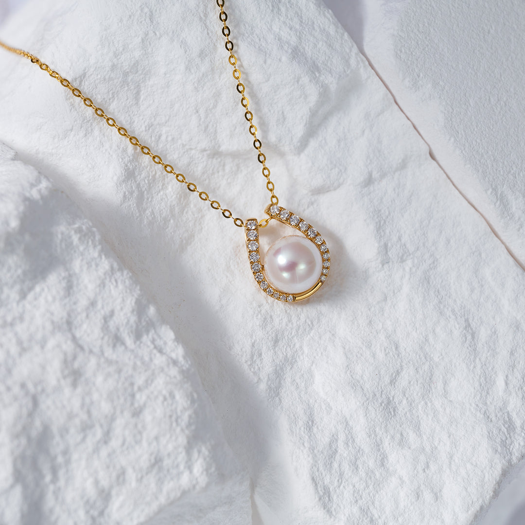18K Solid Gold Diamond Hanadama Akoya Pearl Necklace KN00201 - PEARLY LUSTRE