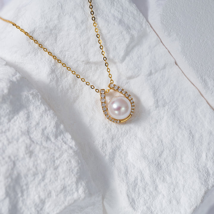 18K Solid Gold Diamond Hanadama Akoya Pearl Necklace KN00201 - PEARLY LUSTRE