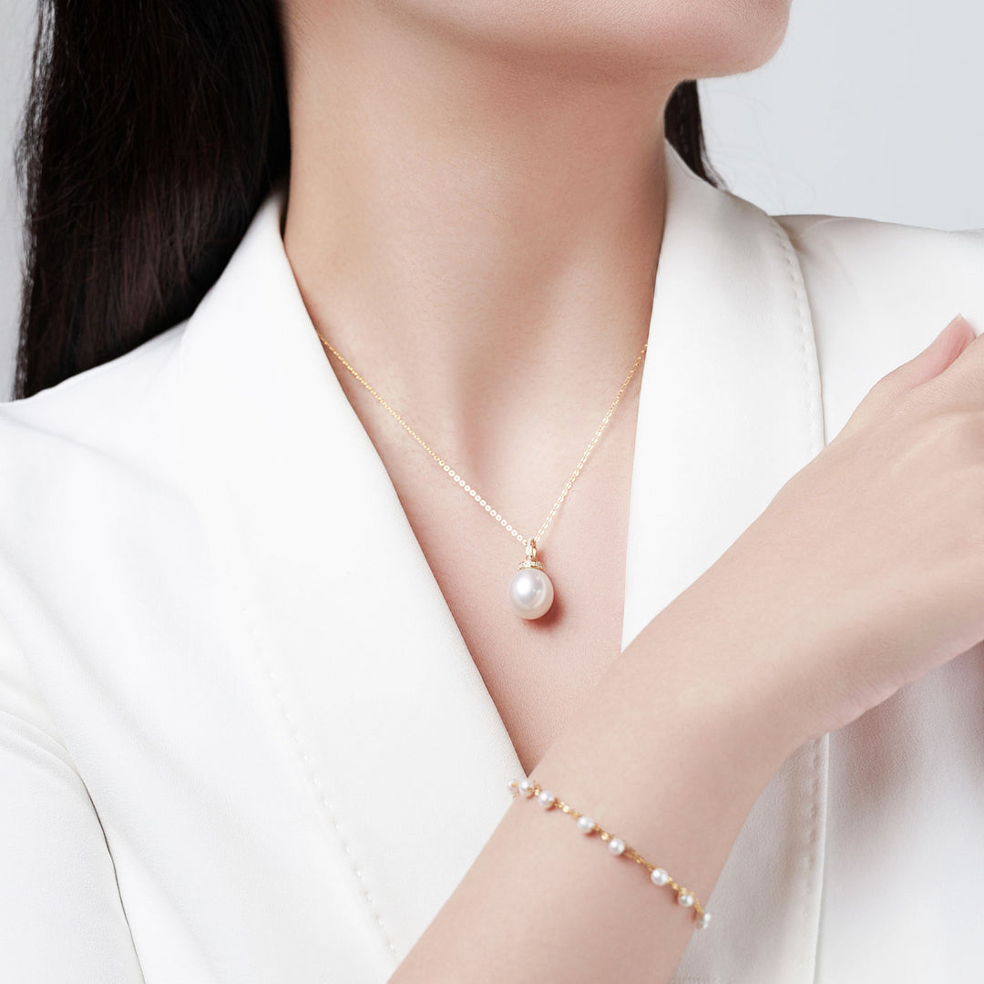 18K Solid Gold Diamond Australian White Saltwater Pearl Necklace KN00206 - PEARLY LUSTRE