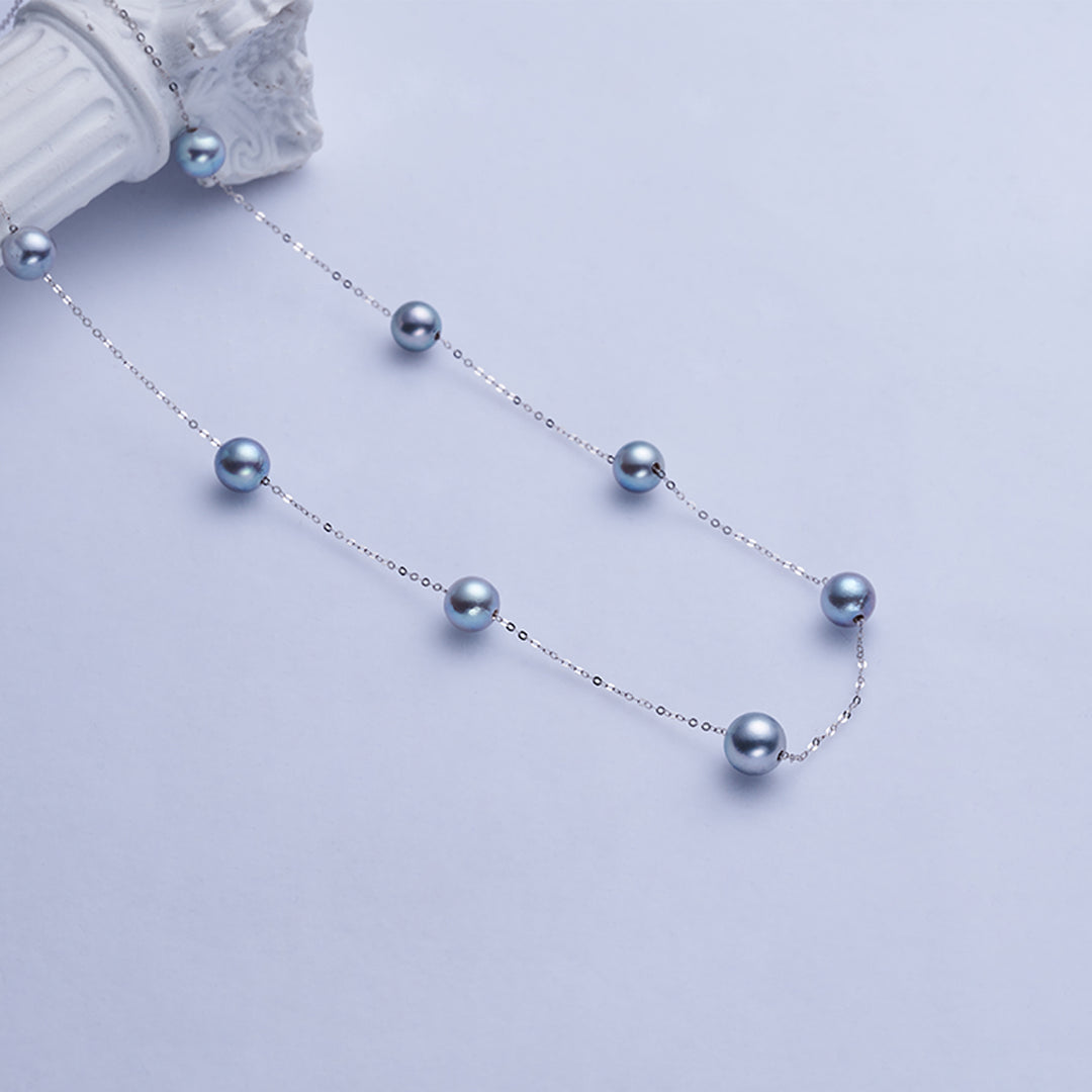 18k Solid Gold Silver Blue Akoya Pearl Necklace KN00241 - PEARLY LUSTRE