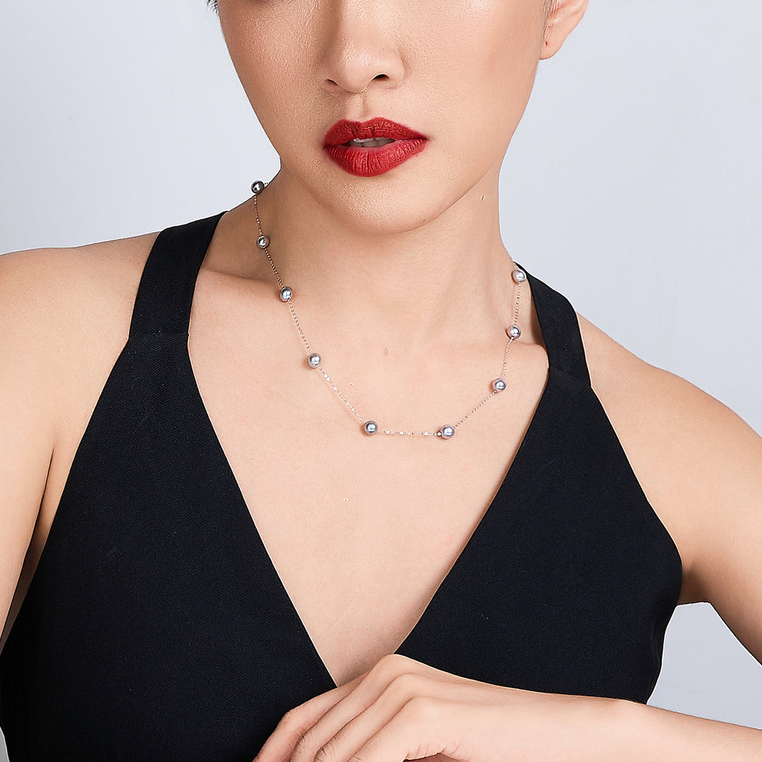 18k Solid Gold Silver Blue Akoya Pearl Necklace KN00241 - PEARLY LUSTRE
