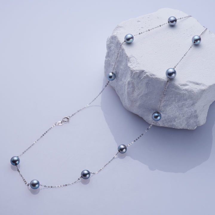 18k Solid Gold Silver Blue Akoya Pearl Necklace KN00241 - PEARLY LUSTRE