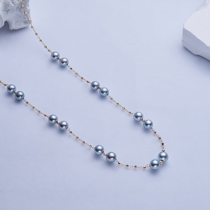 18k Solid Gold Silver Blue Akoya Pearl Necklace KN00243 - PEARLY LUSTRE