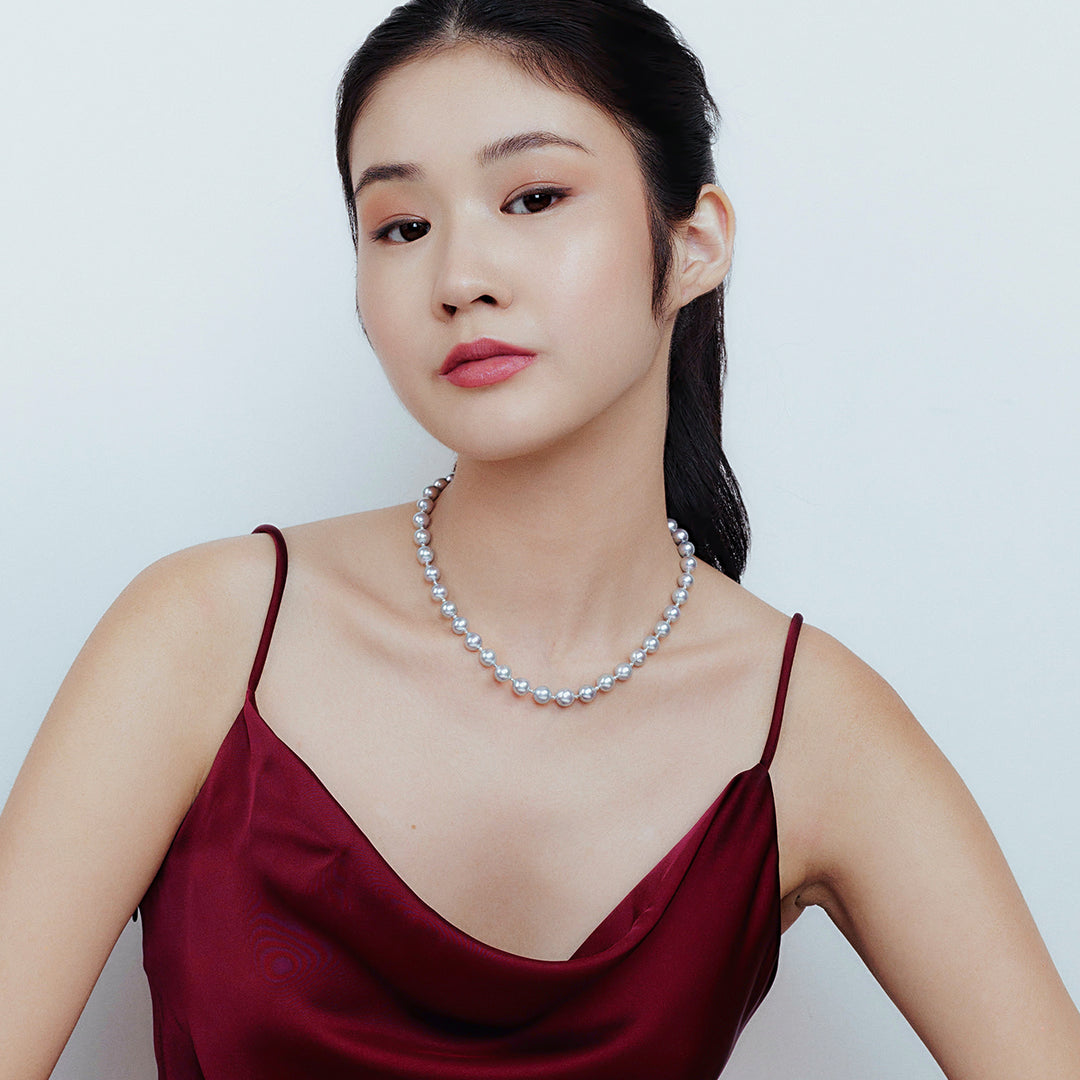 18k Gold Top Lustre Silver Blue Akoya Pearl Necklace KN00256 - PEARLY LUSTRE