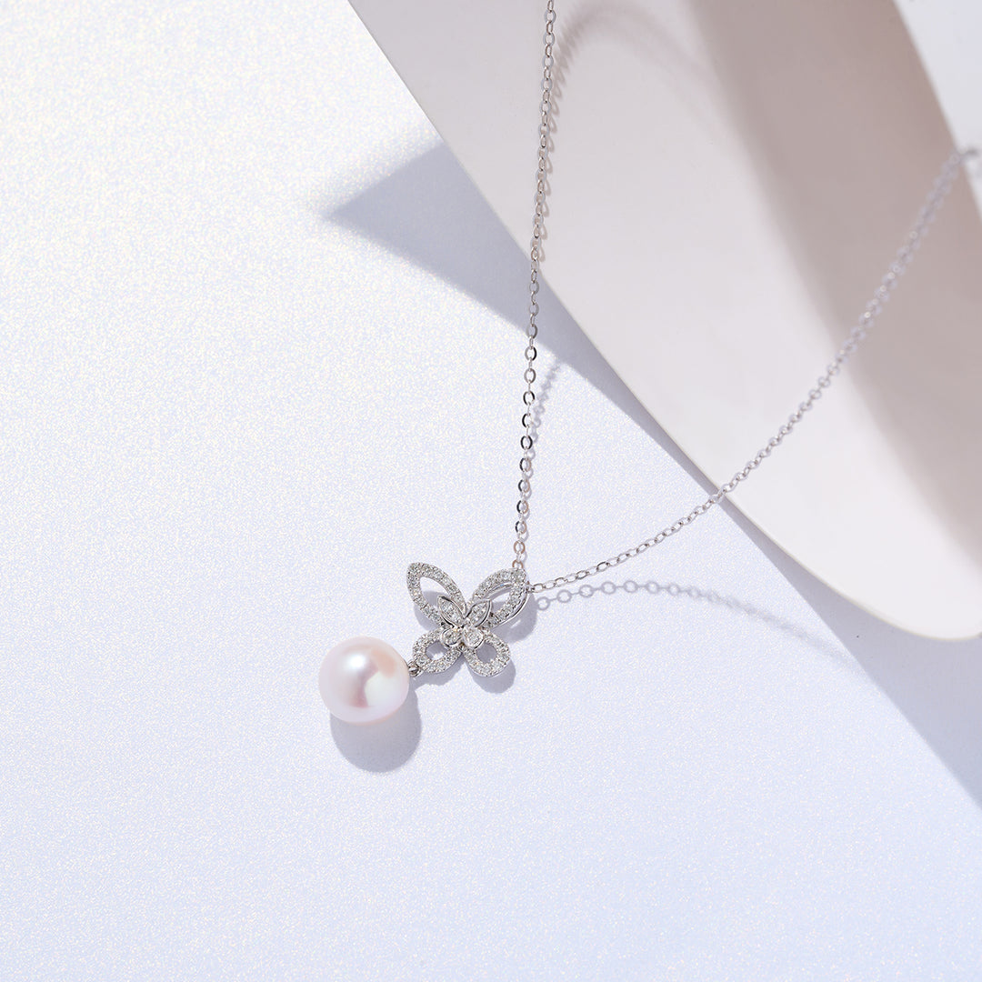18K Solid Gold Diamond Akoya Hanadama Pearl Necklace KN00280 - PEARLY LUSTRE