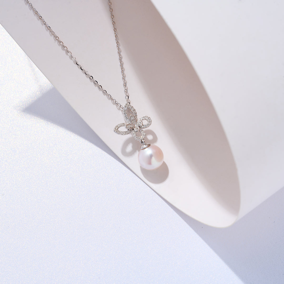 18K Solid Gold Diamond Akoya Hanadama Pearl Necklace KN00280 - PEARLY LUSTRE