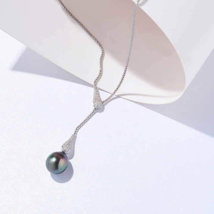 18k Solid Gold Diamond Tahitian Pearl Necklace KN00281 - PEARLY LUSTRE
