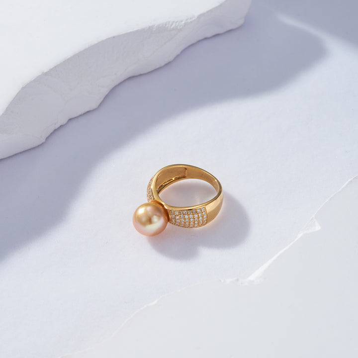 18K Solid Gold Diamond South Sea Golden Pearl Ring KR00048 - PEARLY LUSTRE