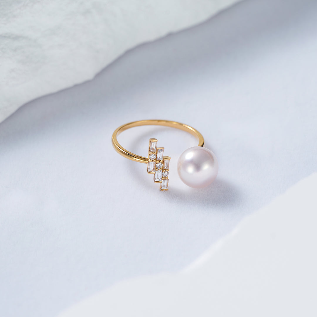 18K Solid Gold Diamond Akoya Hanadama Pearl Ring KR00077 - PEARLY LUSTRE