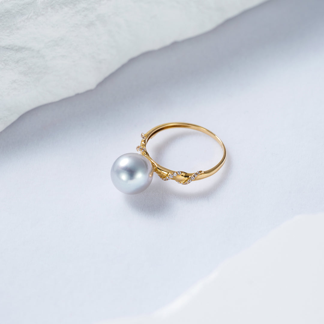 Top Grade Japan Silver Blue Akoya Pearl 18K Solid Gold Ring KR00079 - PEARLY LUSTRE