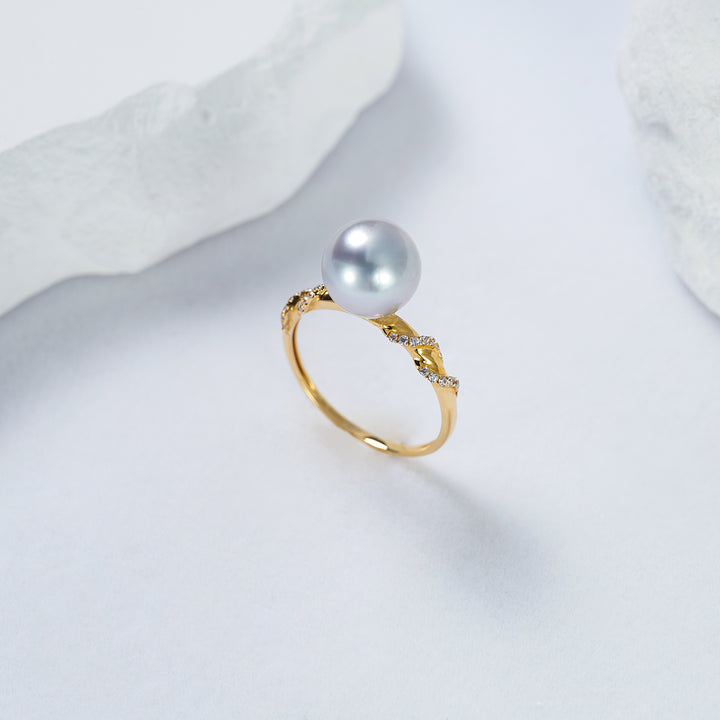 Top Grade Japan Silver Blue Akoya Pearl 18K Solid Gold Ring KR00079 - PEARLY LUSTRE