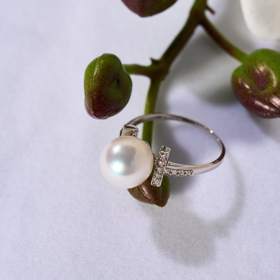 18K Solid Gold Diamond Top Grade Freshwater Pearl Ring KR00117 - PEARLY LUSTRE