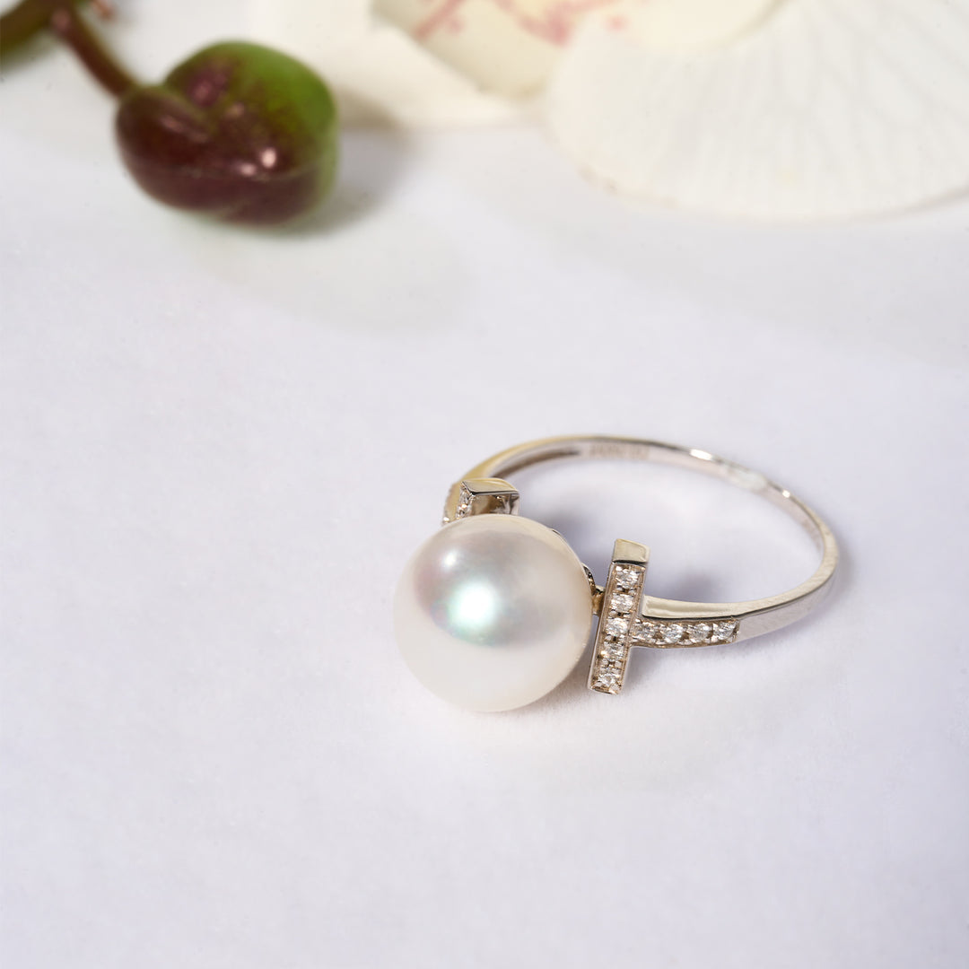 18K Solid Gold Diamond Top Grade Freshwater Pearl Ring KR00117 - PEARLY LUSTRE