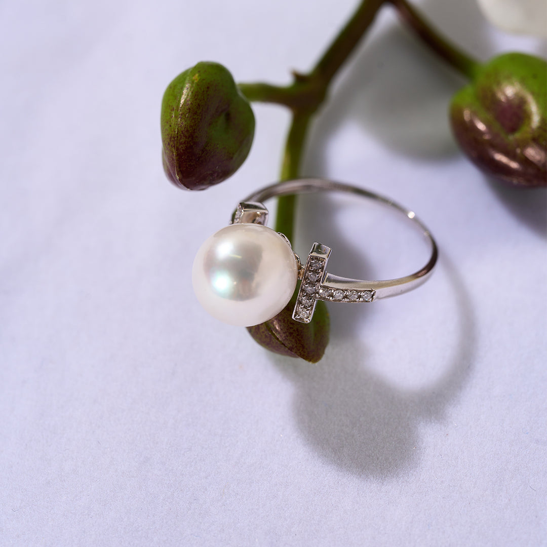 18K Solid Gold Diamond Top Grade Freshwater Pearl Ring KR00117 - PEARLY LUSTRE