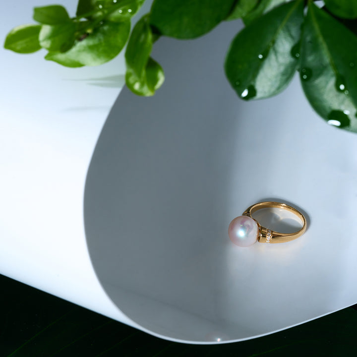 18K Solid Gold Diamond Top Grade Freshwater Pearl Ring KR00118 - PEARLY LUSTRE