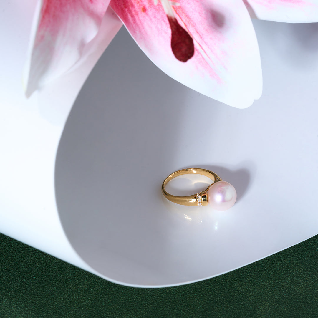 18K Solid Gold Diamond Top Grade Freshwater Pearl Ring KR00118 - PEARLY LUSTRE