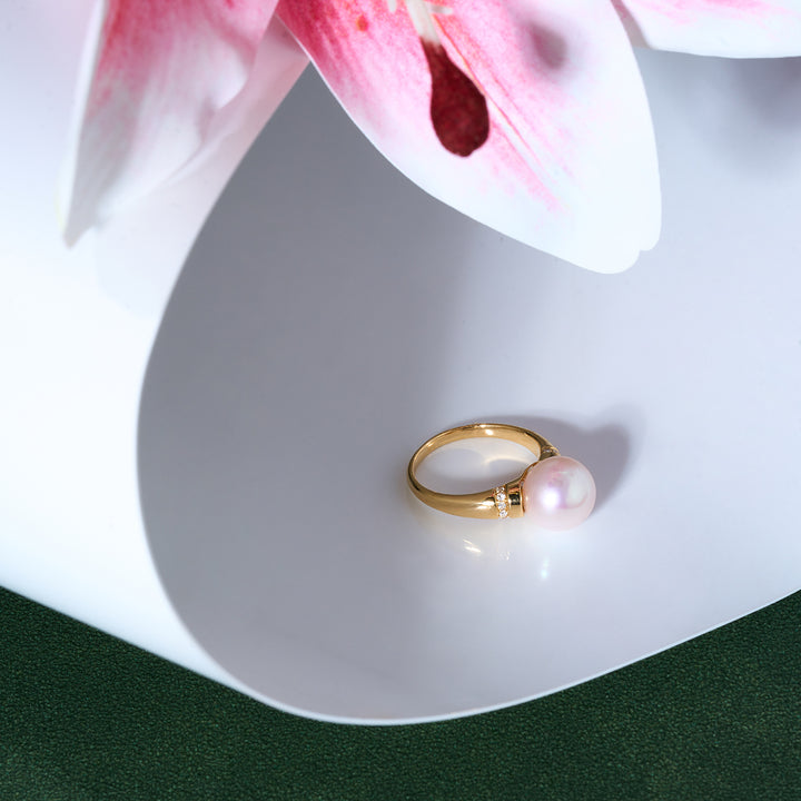 18K Solid Gold Diamond Top Grade Freshwater Pearl Ring KR00118 - PEARLY LUSTRE