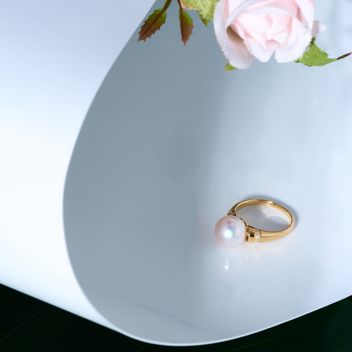 18K Solid Gold Diamond Top Grade Freshwater Pearl Ring KR00118 - PEARLY LUSTRE