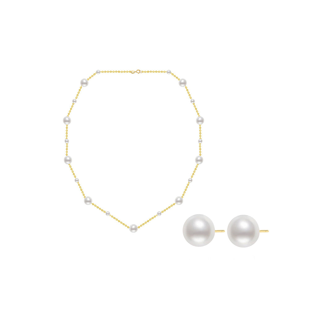 18K Solid Gold Freshwater Pearl Necklace & Earrings Set KS00017 - PEARLY LUSTRE