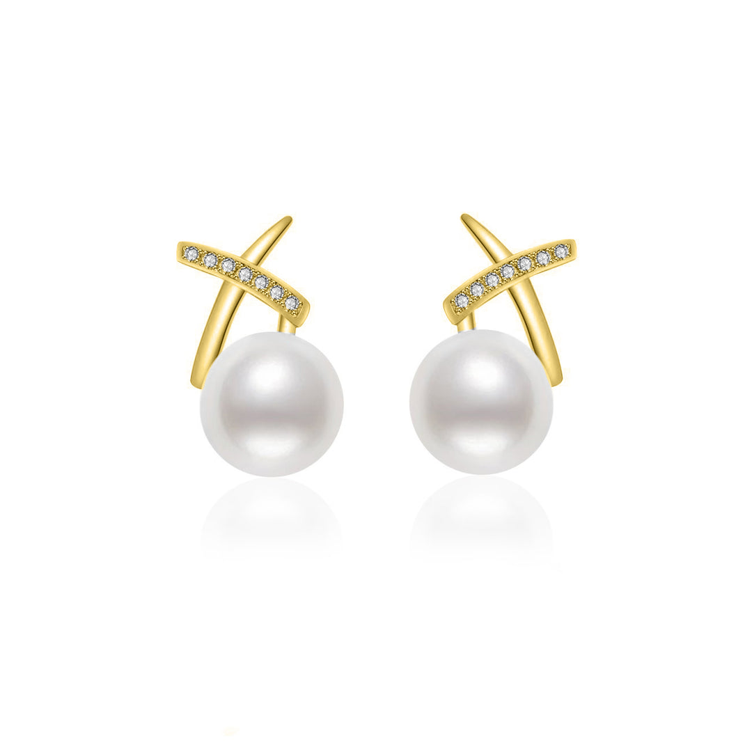 18K Solid Gold Diamond Hanadama Akoya Pearl Earrings KE00233 | X Collection - PEARLY LUSTRE