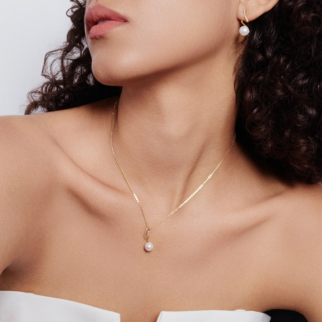 18K Solid Gold Diamond Hanadama Akoya Pearl Necklace KN00135 | S Collection - PEARLY LUSTRE