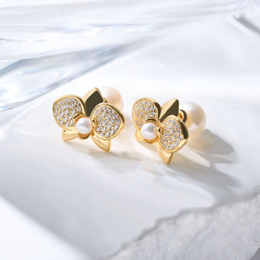 18K Solid Gold Diamond Akoya Hanadama Pearl Earrings KE00224 - PEARLY LUSTRE