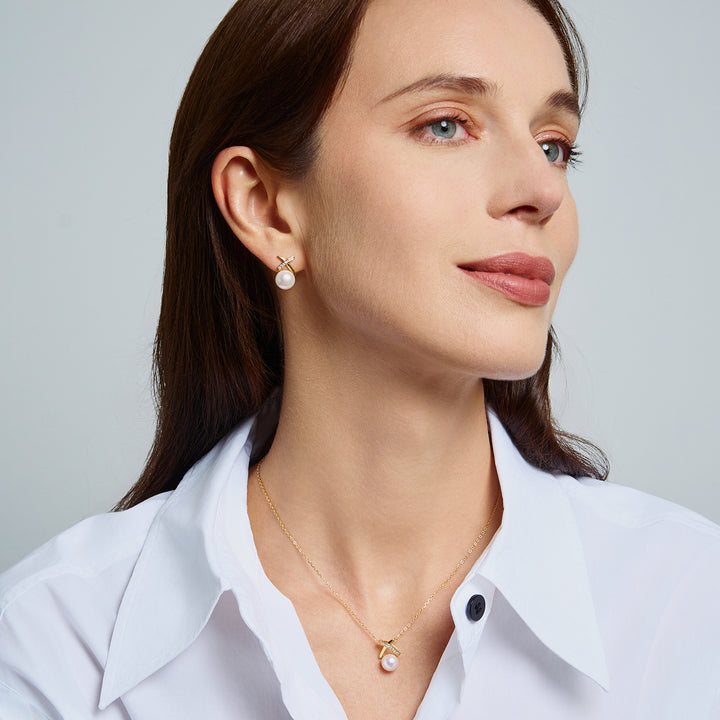 18K Solid Gold Diamond Hanadama Akoya Pearl Earrings KE00233 | X Collection - PEARLY LUSTRE