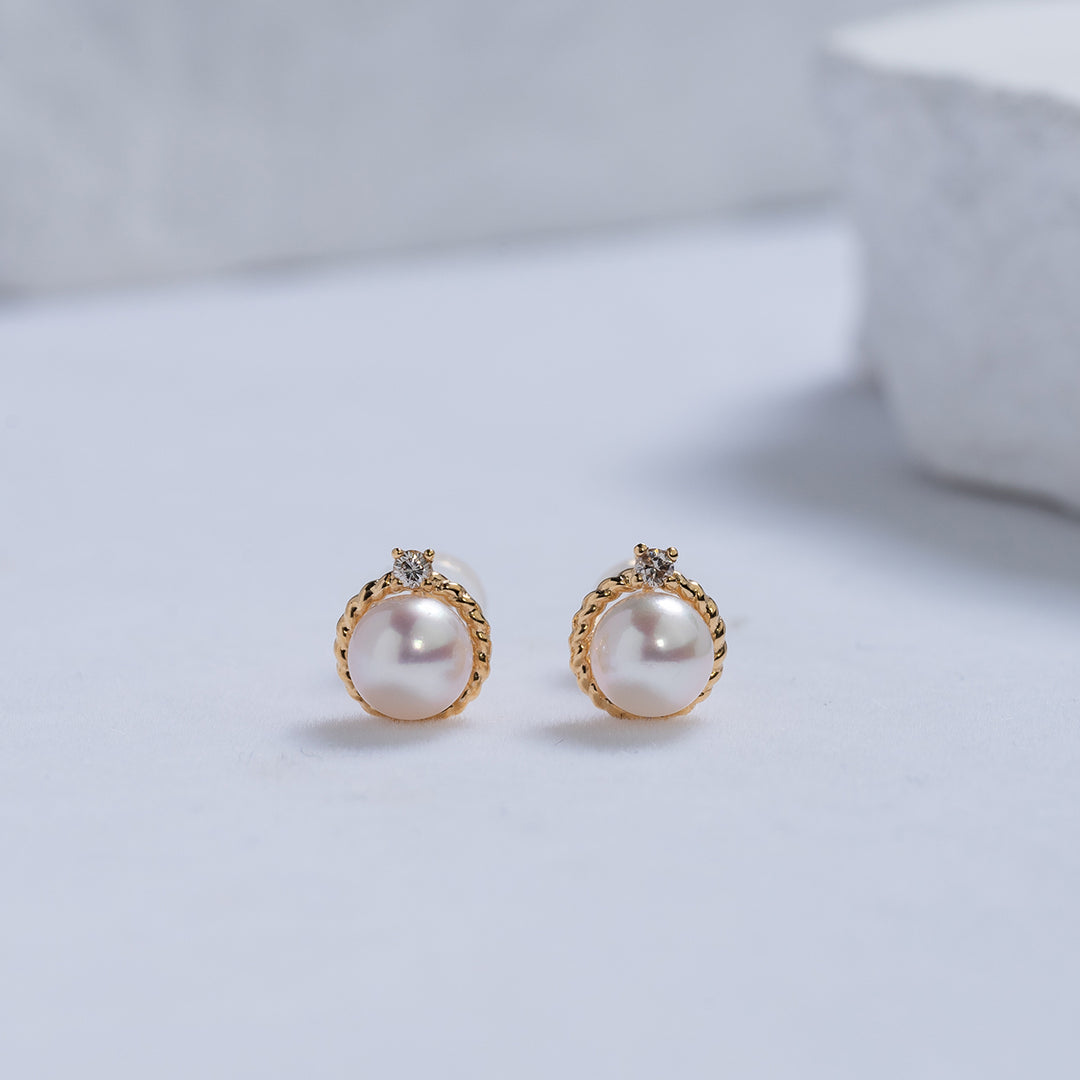 18K Solid Gold Diamond Akoya Hanadama Pearl Earrings KE00118 - PEARLY LUSTRE