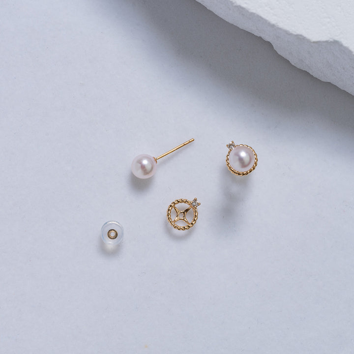 18K Solid Gold Diamond Akoya Hanadama Pearl Earrings KE00118 - PEARLY LUSTRE