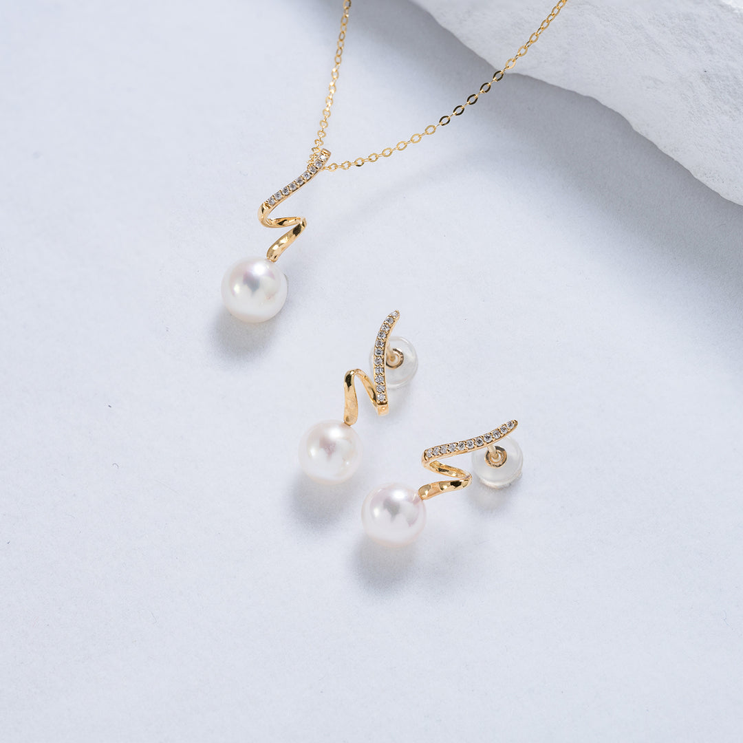 18K Solid Gold Diamond Hanadama Akoya Pearl Necklace KN00135 | S Collection - PEARLY LUSTRE
