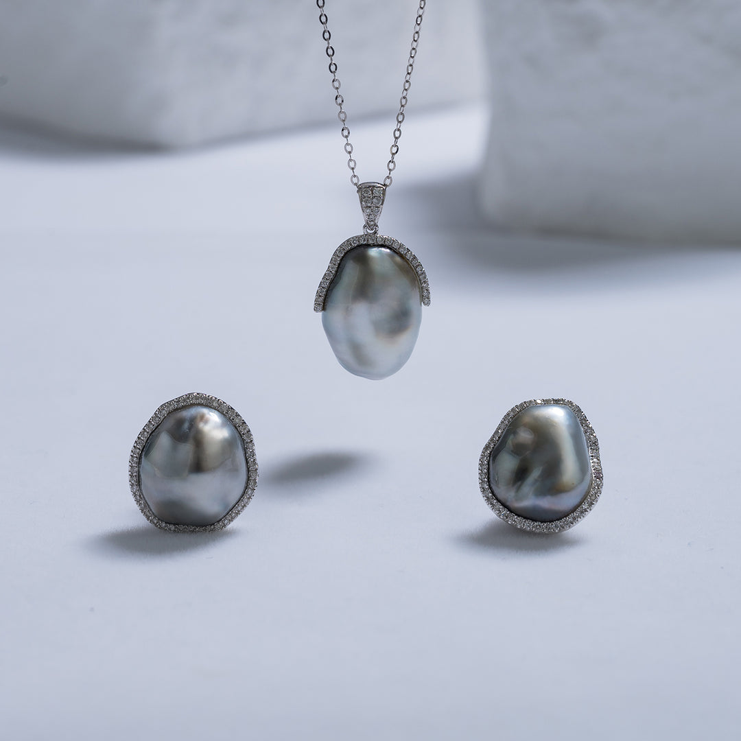 18k Solid Gold Diamond Tahitian Keshi Pearl Necklace KN00143 - PEARLY LUSTRE